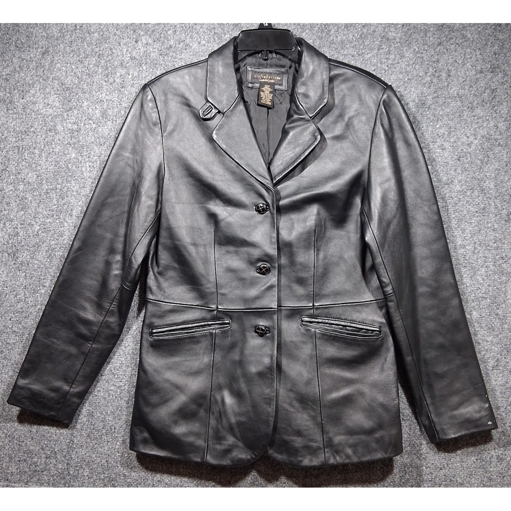 Croft & Barrow Womens Black Lambskin Genuine Leather 3-Button‎ Blazer Jacket M